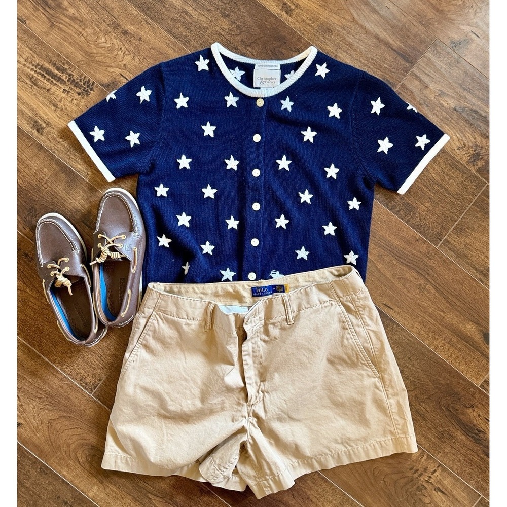 Christopher & Banks Hand Embroidered Star Cardigan Women's M Navy Short Sleeves